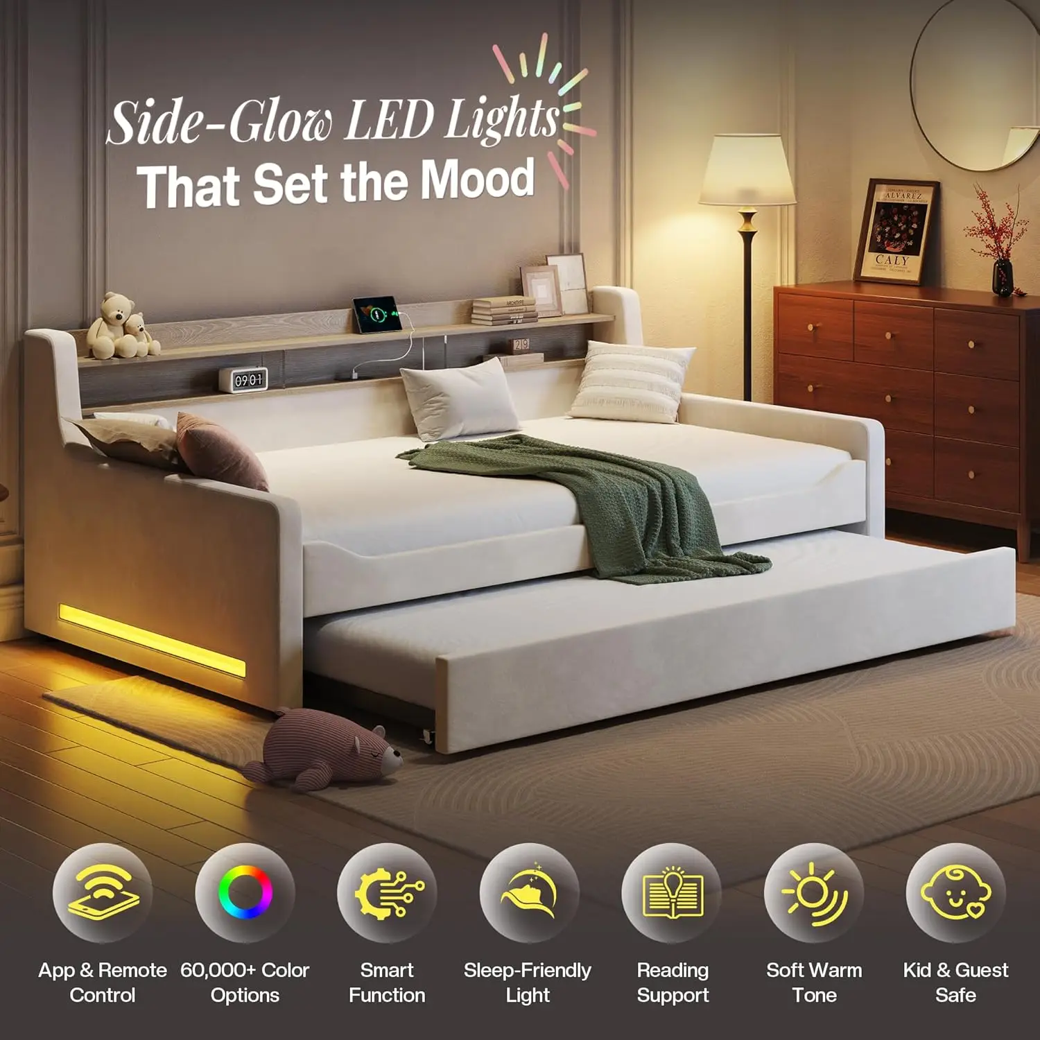 Upholstered Velvet Daybed with Trundle and LED Light