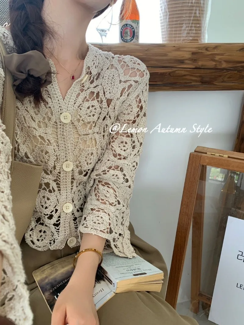 White Crochet Lace Cardigan Summer Floral V-Neck Women