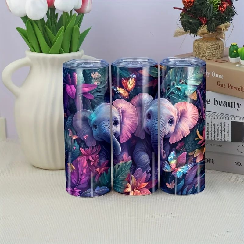 1pc 20oz Straight Cup Cute Little Elephant Colorful Leaf Pattern Portable Fashion Sports Cup Gift for Fitness Experts Athletes Basketball Court Football Court Riding Suitable for Summer and Winter