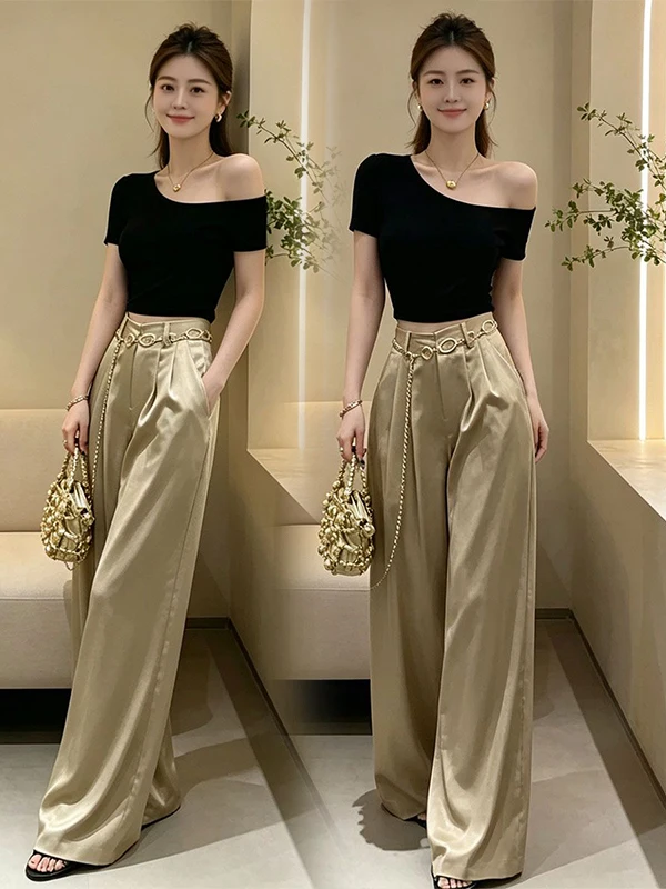 

Fashionable Shoulder-baring Slim-fit Women's Set Summer New Design Elegant High-waisted Wide-leg Pants Two-piece Ensemble