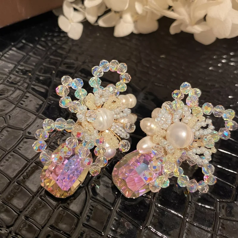 

Bridal Style Handmade Pink Crystal and Pearl Floral Drop Earrings Elegant Floral Earrings jewelry for wedding