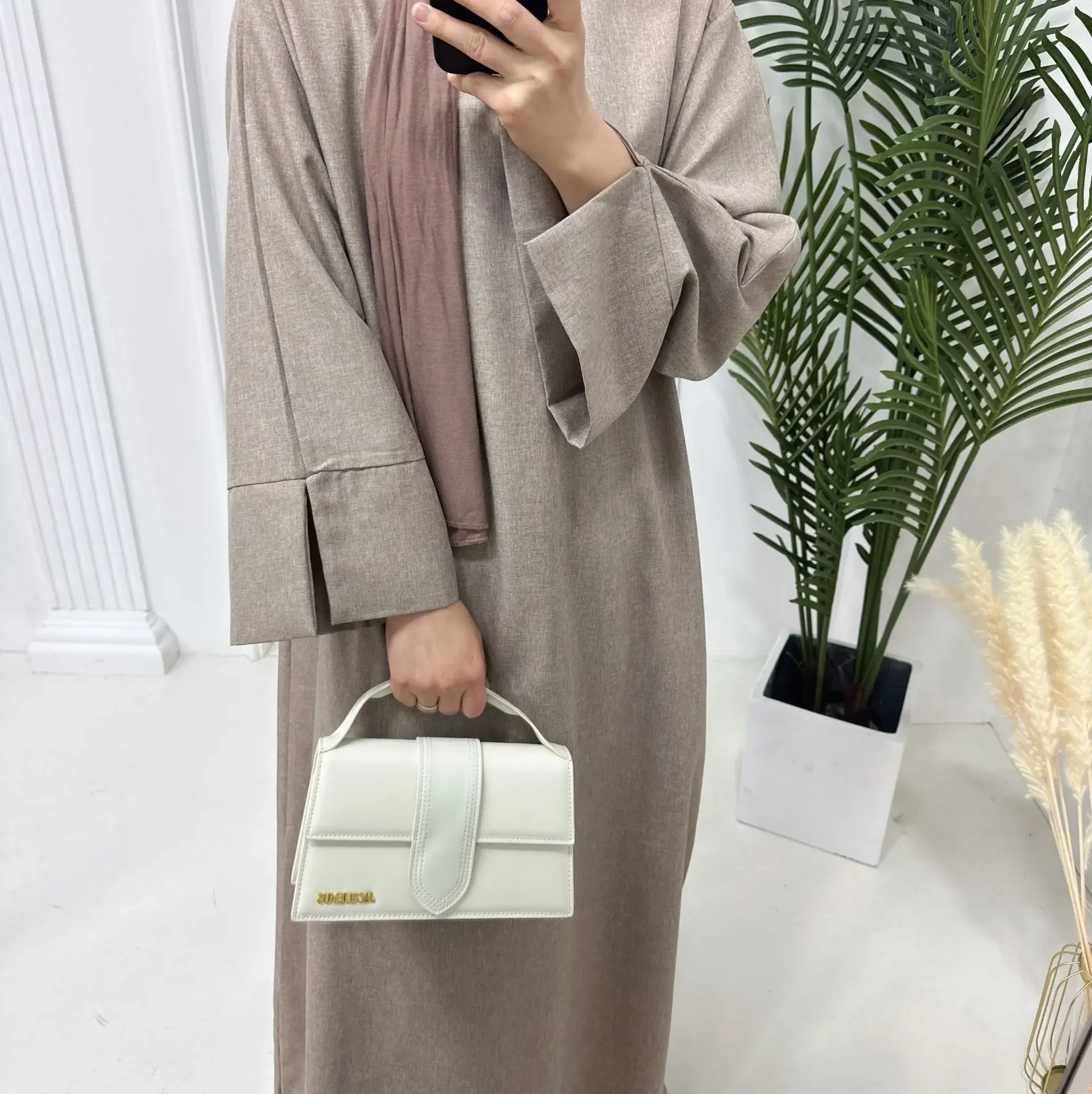 Effen Gesloten Linnen Abaya Luxe Dubai Moslim Hijab Jurk Turkse Basic Abaya voor Vrouwen Saudi Islam Gebed Kleding Casual Kaftan