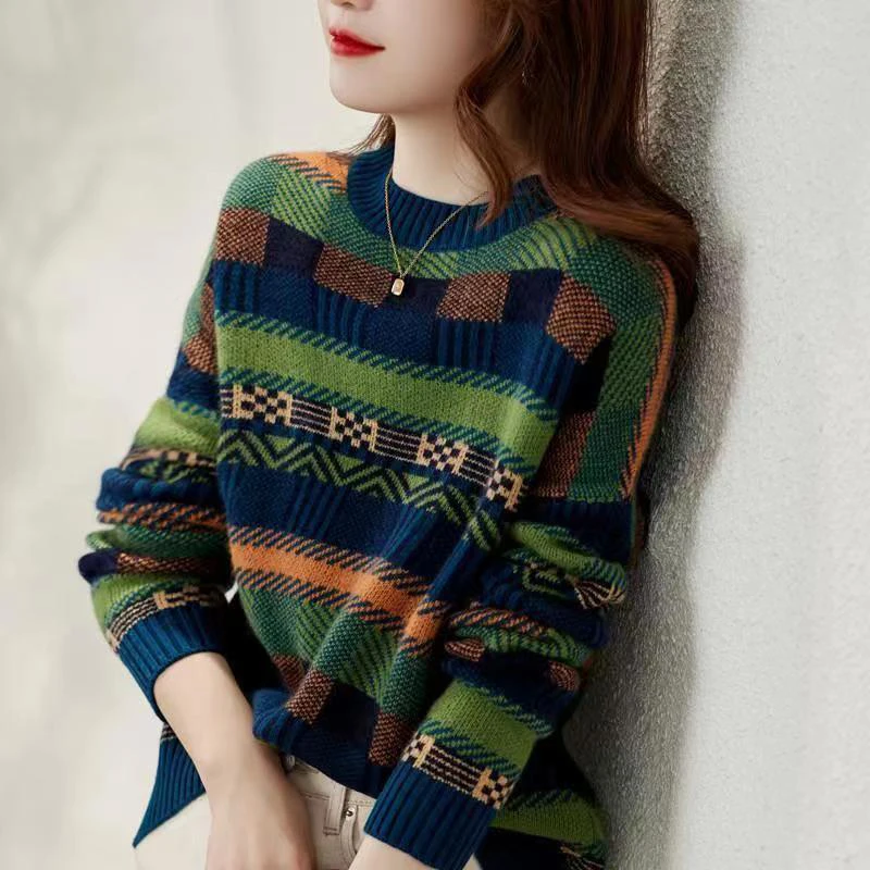 

Autumn Winter Round Neck Striped Patchwork Jumpers Ladies Loose Casual All-match Knitting Pullovers Women's Fashion Sweater Top