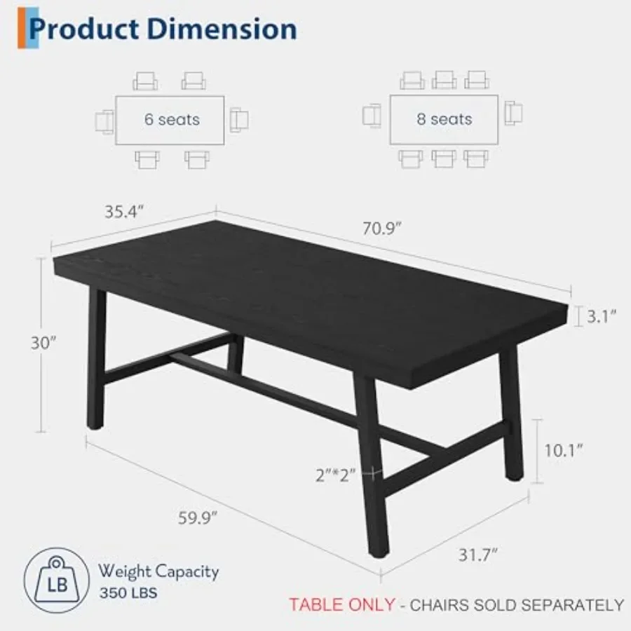 71 6-8 Person Dining Table, Industrial Kitchen Table for Home Restaurant Use, Rustic Brown with Sturdy Metal Legs and Scratch-R