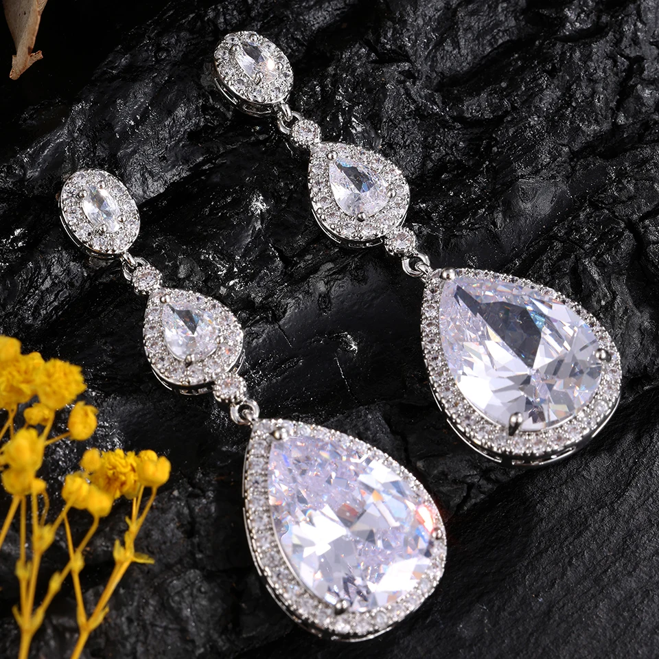 ZAKOL Band Round Wedding Jewelry Luxury White Water Drop Cubic Zircon Long Dangle Earrings for Women Engagement FSEP624