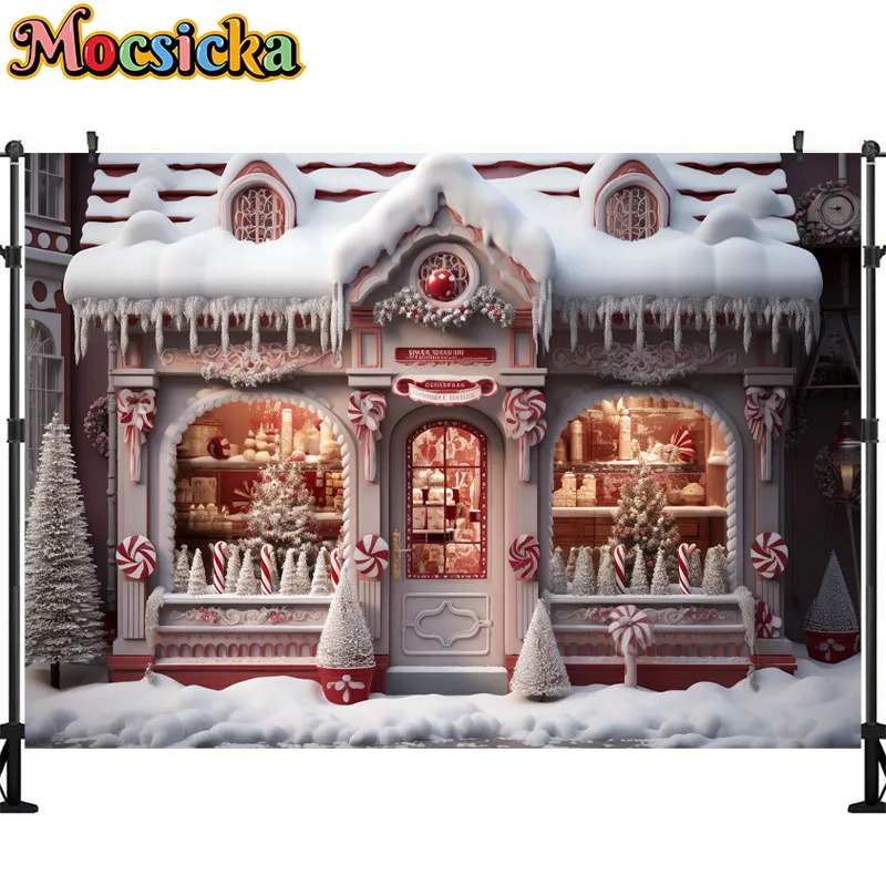 모시카 크리스마스 진저브레드 하우스 배경, 크리스마스 트리, 겨울 눈 눈사람 아기 초상화, 가족 파티 사진 배경