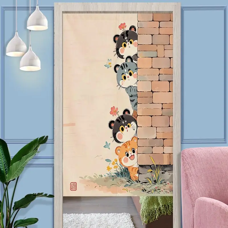 VIKAMA Vintage Cat Hanging Door Curtain, Stacked Kittens Half-Door Curtain, Durable Fabric Privacy Screen, Home Decor