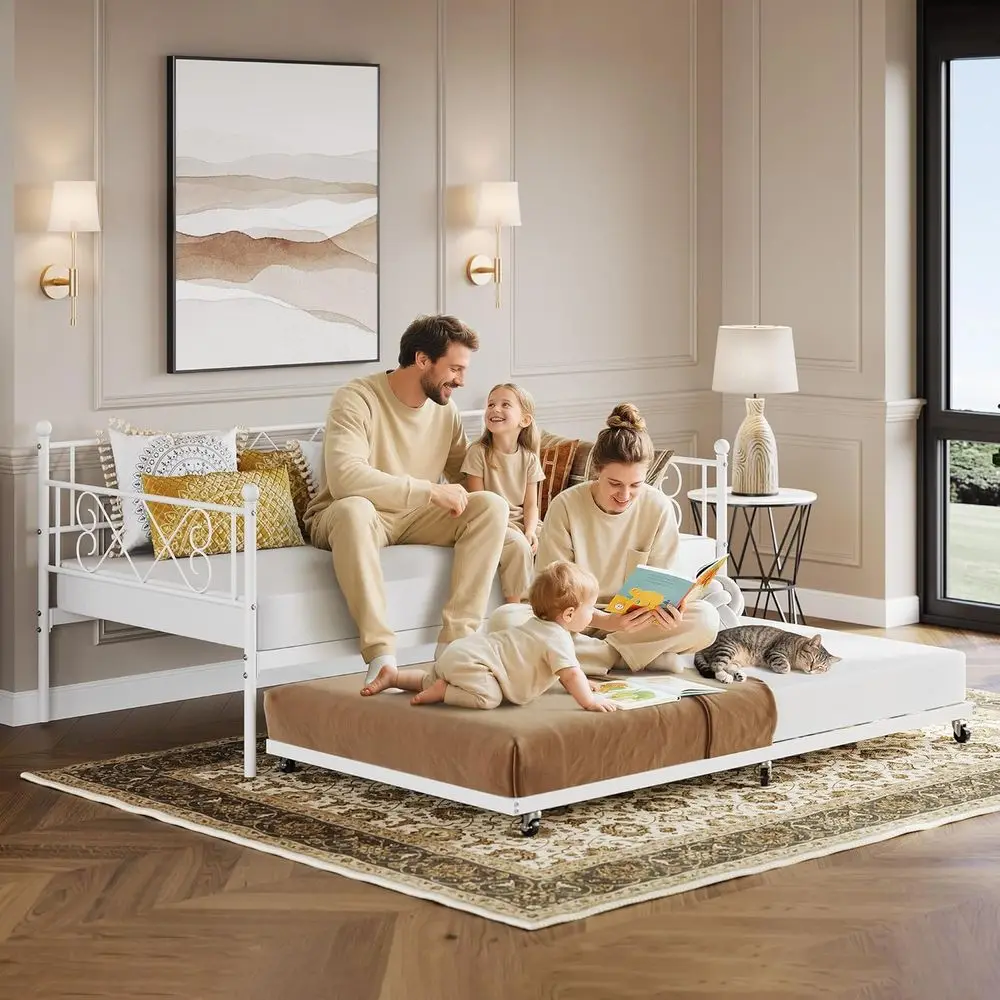 White Twin Trundle Bed with Heart Headboard, Metal Sofa Bed & Heavy-Duty Frame for Living, Bedrooms, Guest Rooms, Easy Assembly