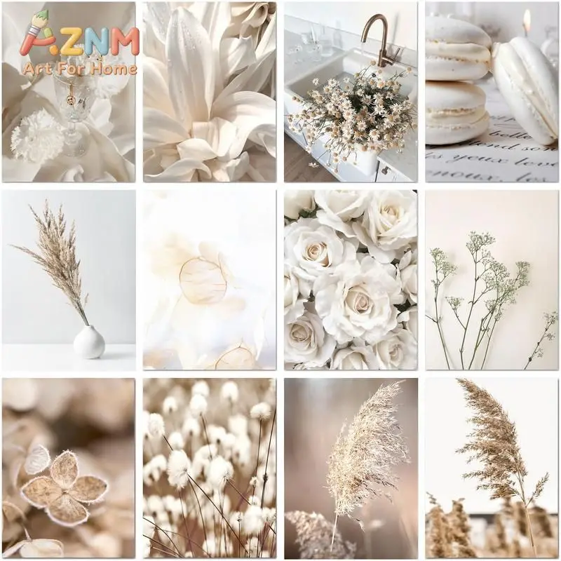 AZNM Neutral Beige Boho Floral Canvas Wall Art White Rose Dried Pampas Grass Macaron Unframed Canvas Print Bedroom Living Room W