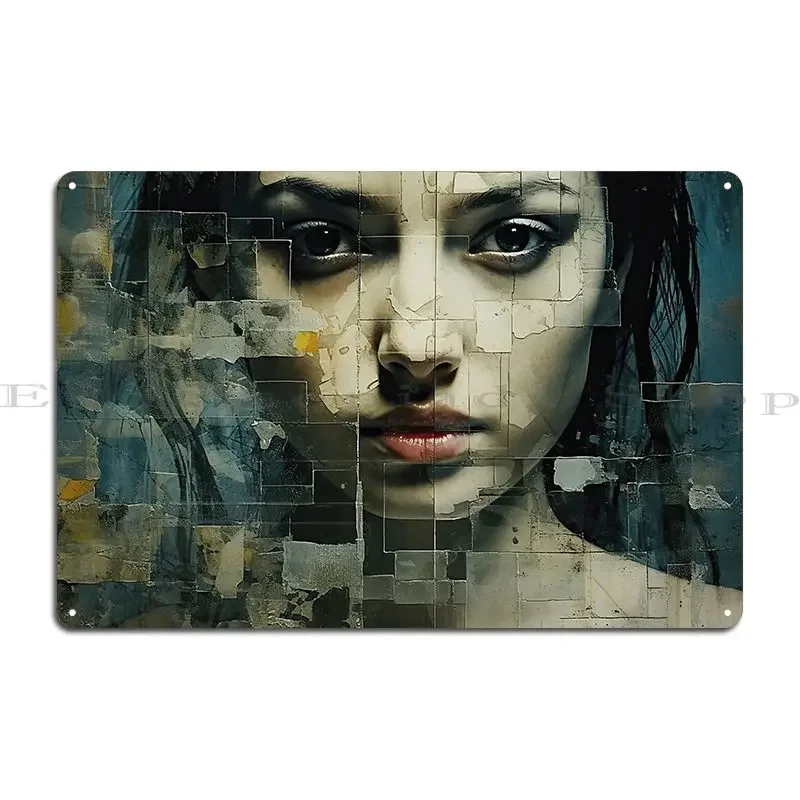 Soulful Expressive Woman S Face Concrete Puzzle Graphic Dress Metal Plaque Retro Club Kitchen Print Wall Cave Tin Sign Poster