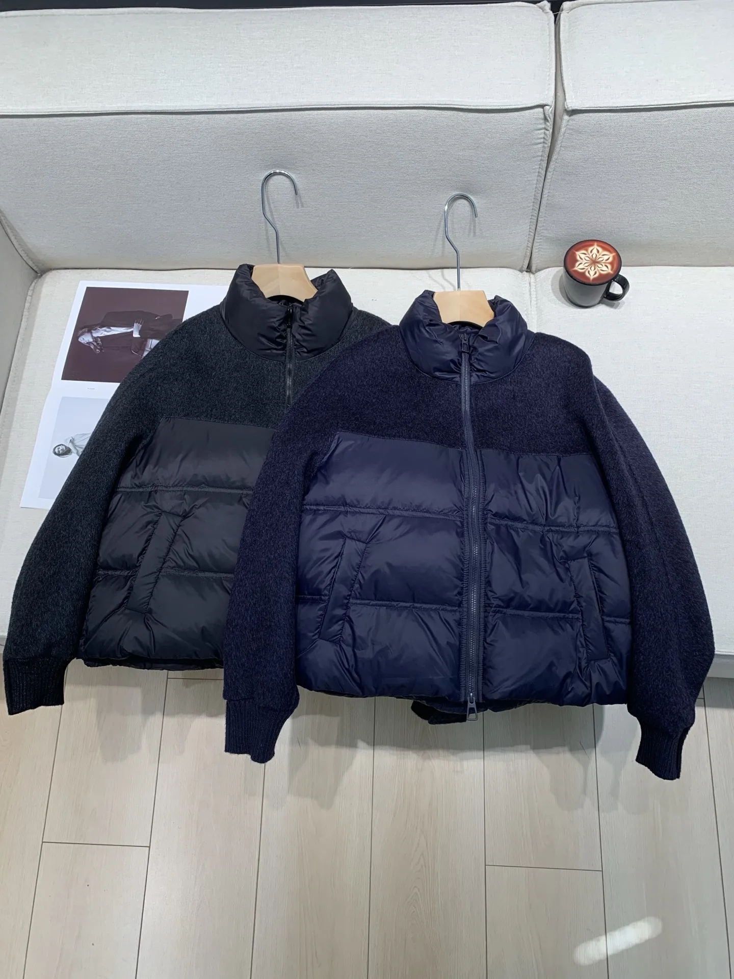 

Women Wool Stitching Down Jacket 2-Color Stand Collar Long Sleeve Loose Zipper Coat