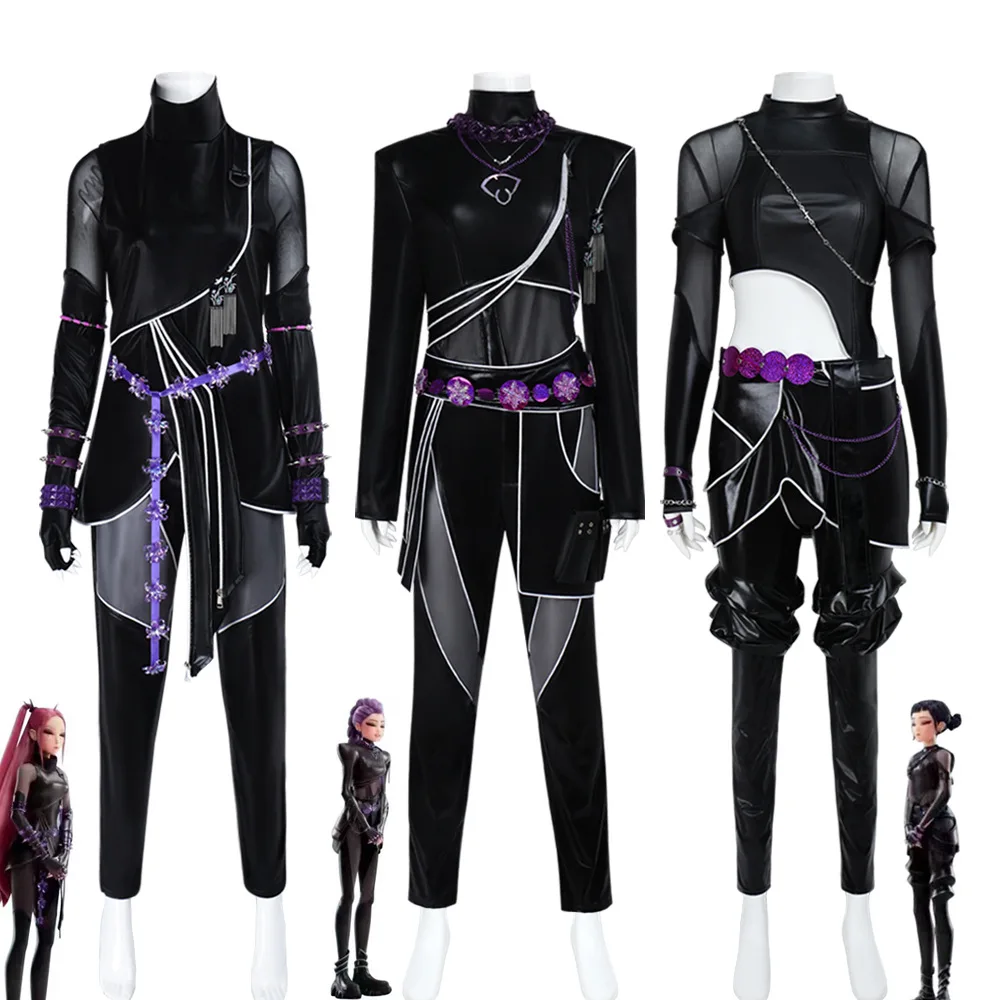 

Movie Anime Kpop Demons Hunters Rumi Cosplay Costume Black Leather Battle Suit Adult Women Men Coat Pants Belt Gloves Halloween