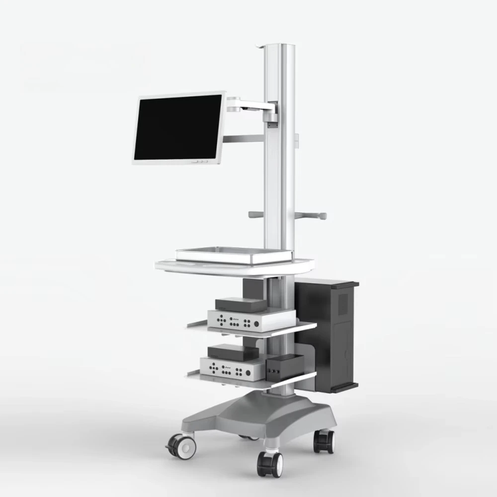 Industrial style medical equipment trolley Four-tray patient care with computer printer for hospital stations