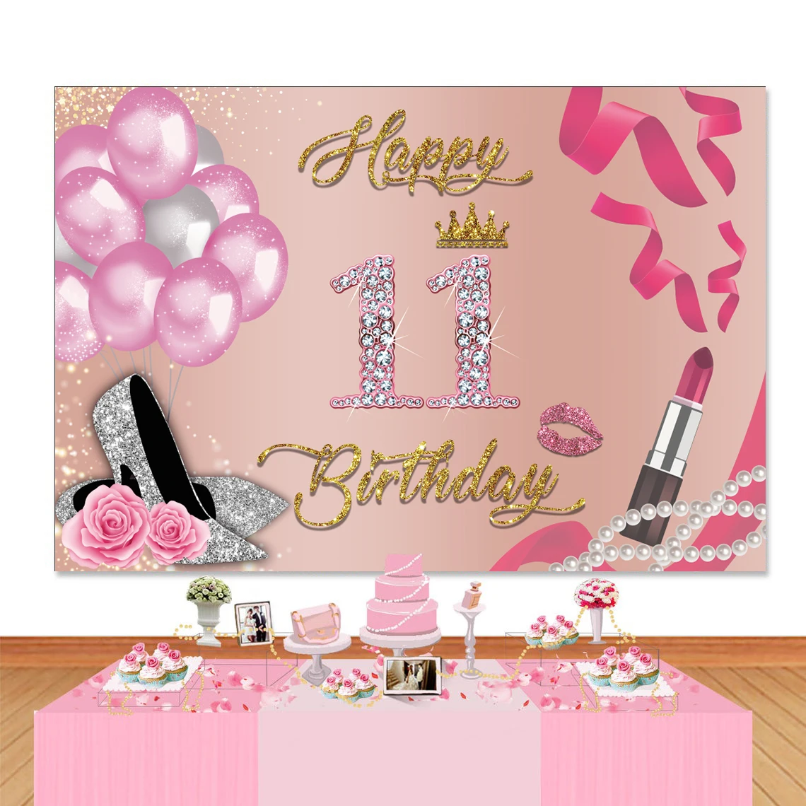 

Happy 11th Birthday Photography Backdrop Banner for Pink Girls 11 Years Party Balloons Decorations Photo Background Supplies