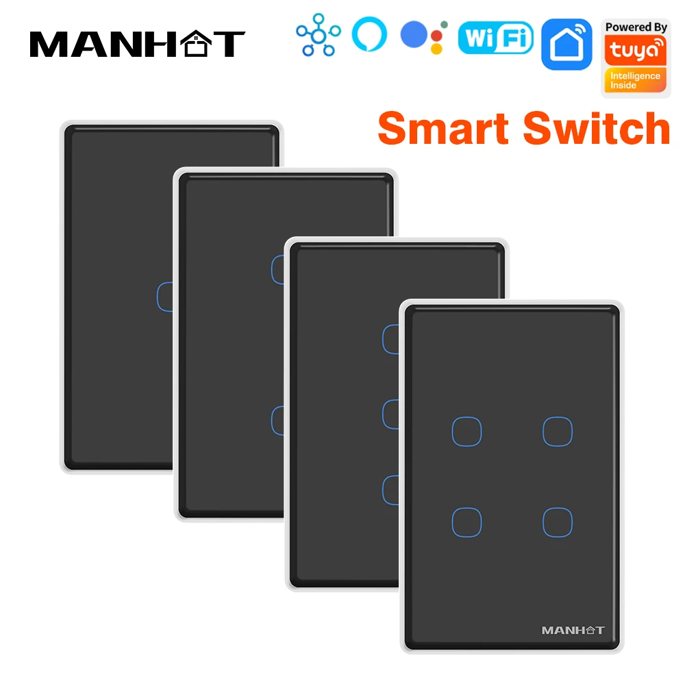 

Tuya Smart Wifi Touch Light Wall Switch RF433 Wireless Remote Switches No Neutral Wire Required US 1-4 Gang Alexa Google Home