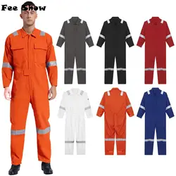 Unisex Adults Work Overalls Reflective Strips Multi-pocket One-piece Jumpsuit 100% Cotton Dustproof Dungarees Coveralls