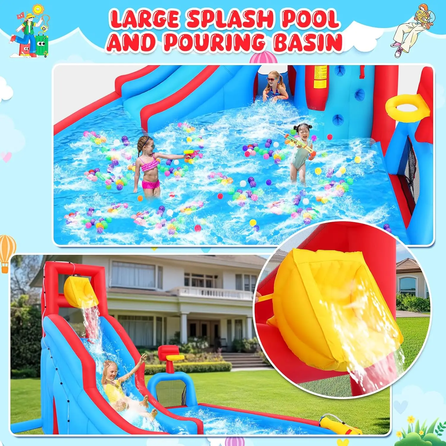 Opblaasbare waterglijbaan voor kinderen in de achtertuin, 14,2 ft waterglijbaan Park Bounce House met groot zwembad, glijbaan, voetbalveld, dumpemmer, obst