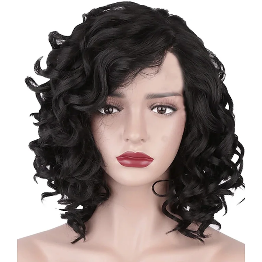 Synthetic Wig Short Afro Curly Asymmetrical Machine Made Wig Short Black Synthetic Hair 11 inch for Women