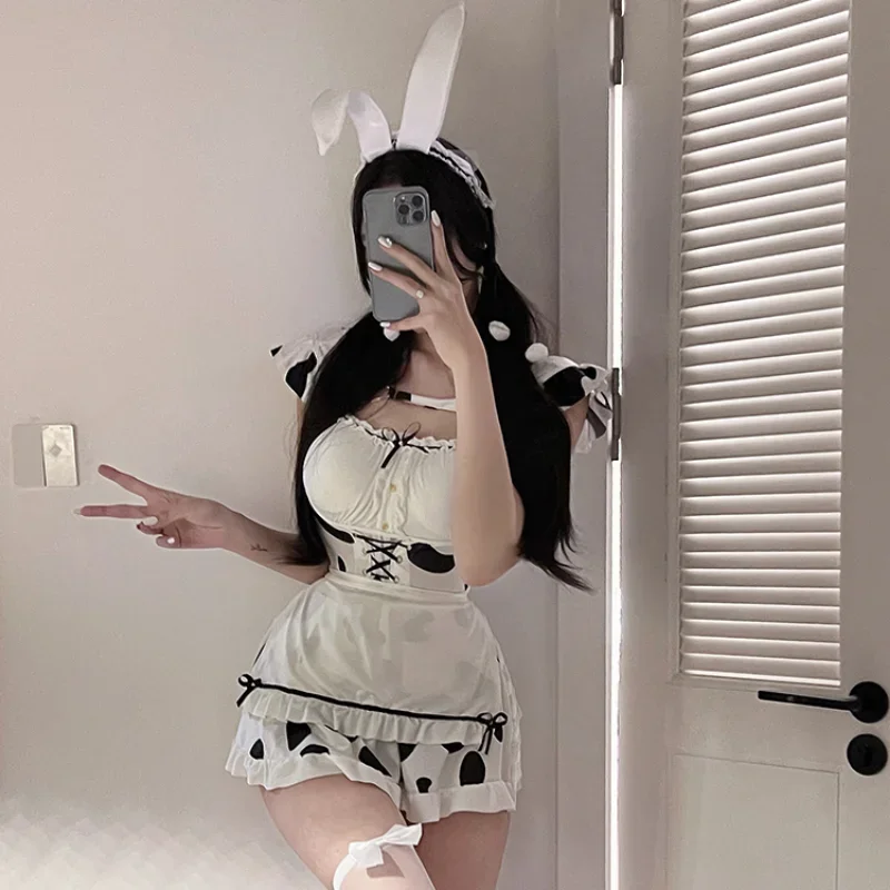 Conejo de Anime japonés, disfraces de Halloween, dibujos animados en blanco y negro, vaca Lolita, juego de rol, Cosplay de amor en vivo, lencería, vestido de fiesta
