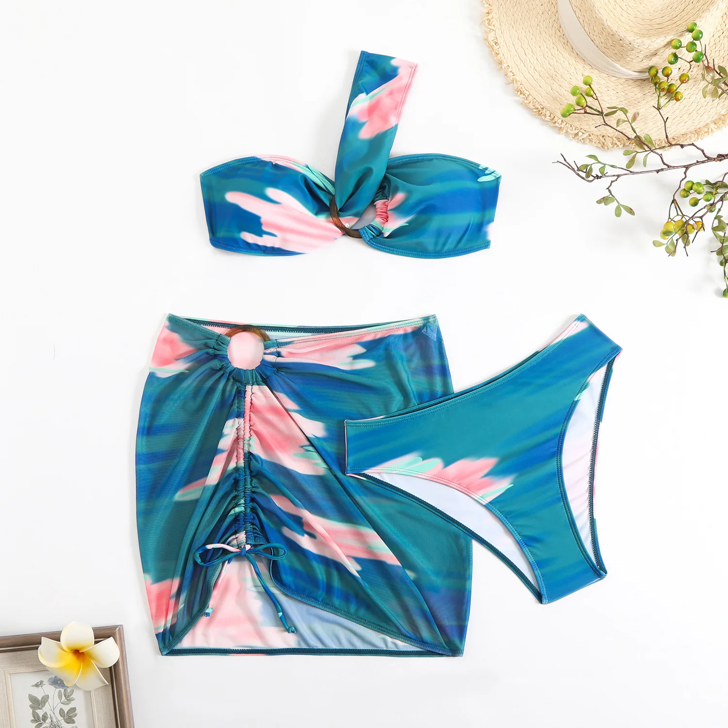 2025 New Swimwear Tie-dye Printed Women's Three-piece Split Bikini
