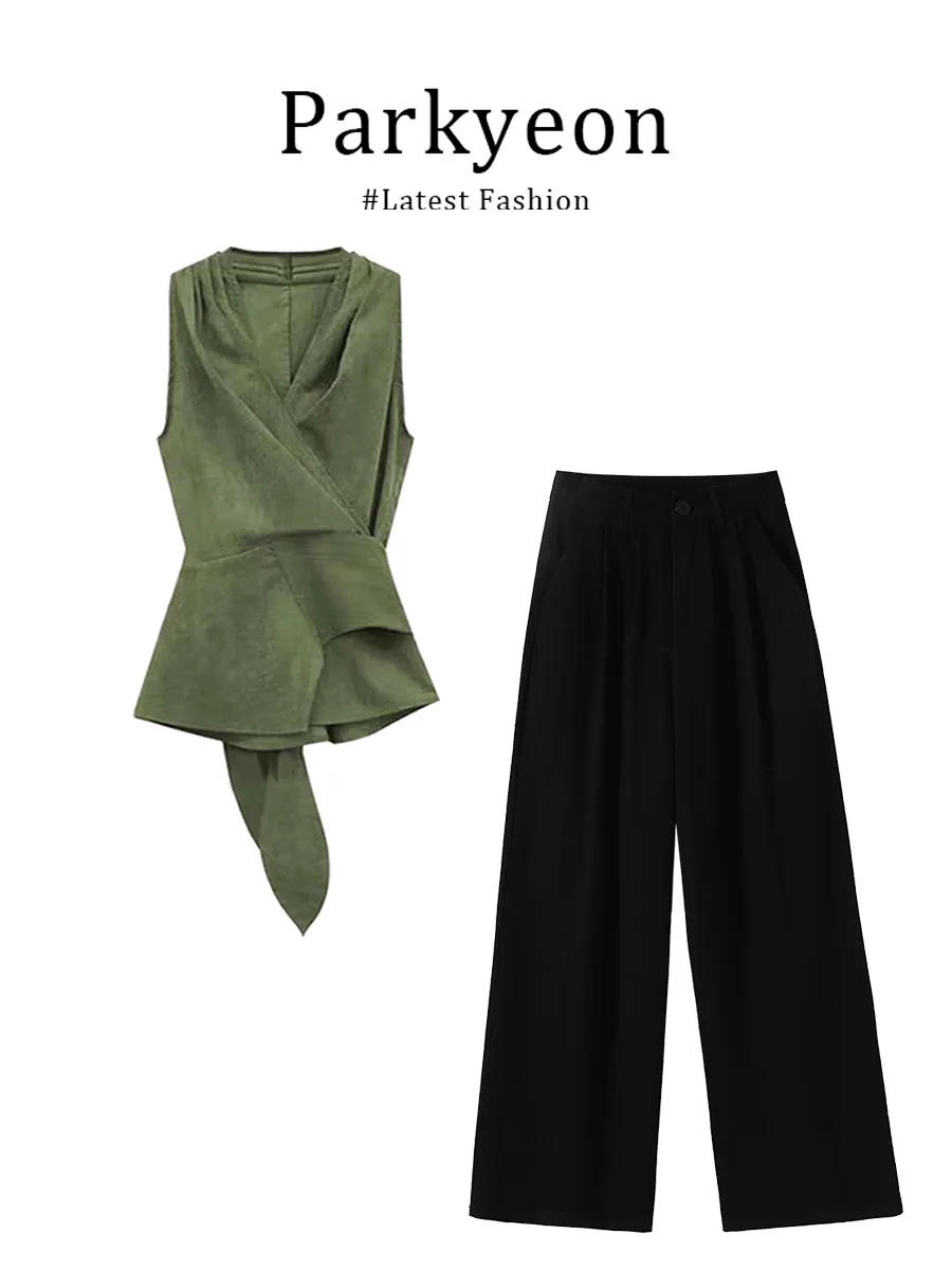 

Летний элегантный комплект из двух предметов: зеленый топ без бретелек с завязками на шее и свободные брюки с высокой талией Parkyeon для женщин