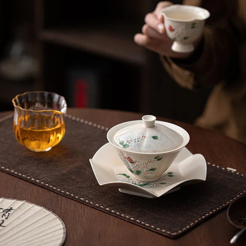 Oncidium Flower Sancai Gaiwan, Hand Painted Chinese Lidded Cup and Individual Tea Steeping Bowl for Home Brewing and Tea Tasting