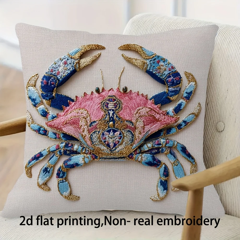 Ornate Crab Throw Pillow Cover 2D Embroidery Effect Coastal Print Decorative Cushion Cover for Nautical Beach Home Decor