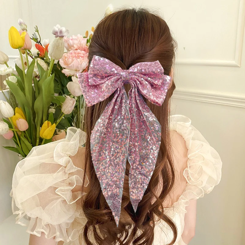 Glitter Sequin Bow Hair Clip Large Double Layer Lace Fashion Barrette Alloy Spring Bottom Clip Hair Bow Women Hair Accessories