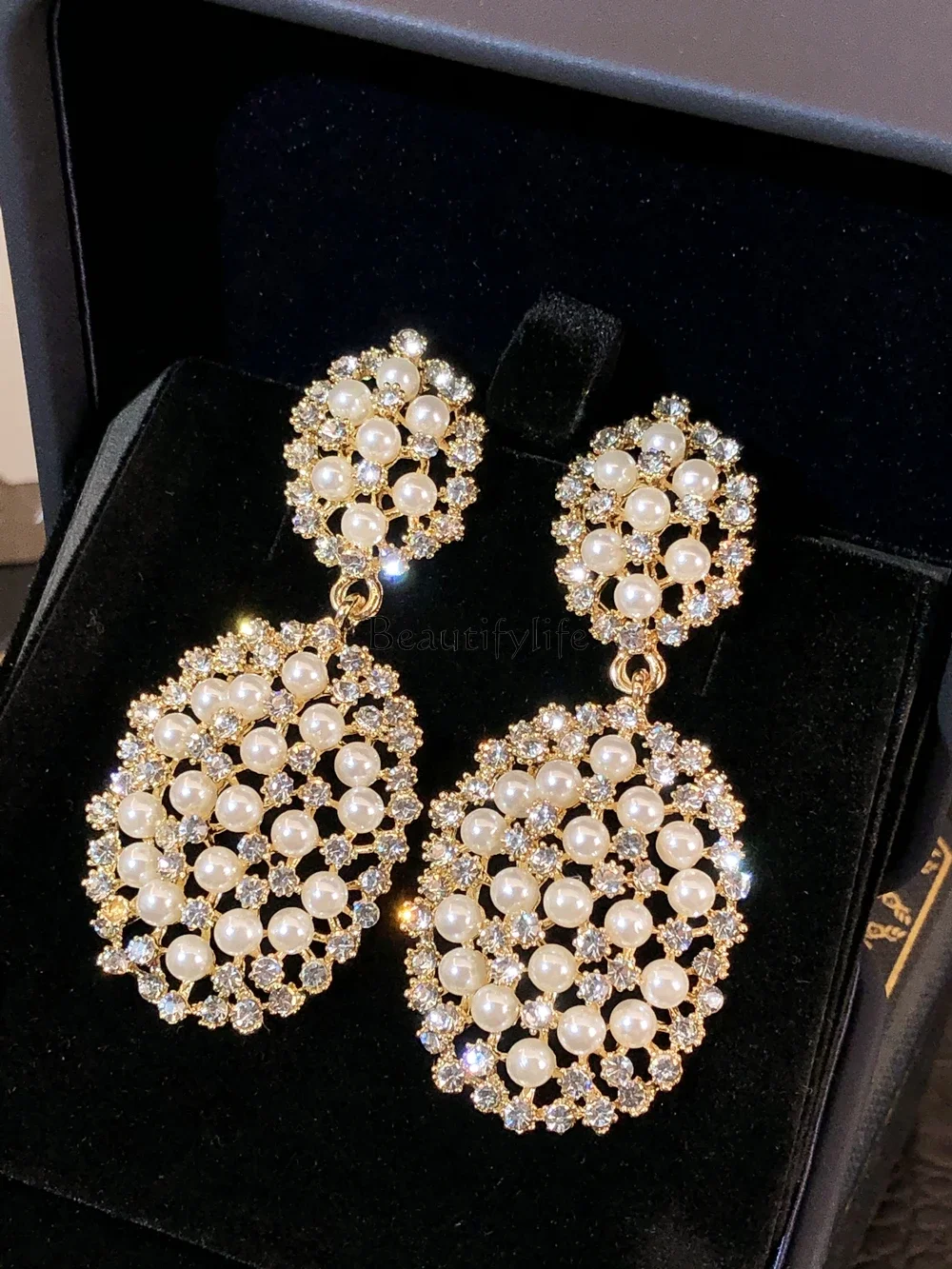 

Temperament flash diamond fringed earrings exquisite long niche diamond-encrusted pearl earrings