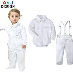 Boys Baptism Outfits Newborn Infant Baby Christening Blessing Gentleman Formal Suits White Wedding Suspenders Outfit Bow Tie