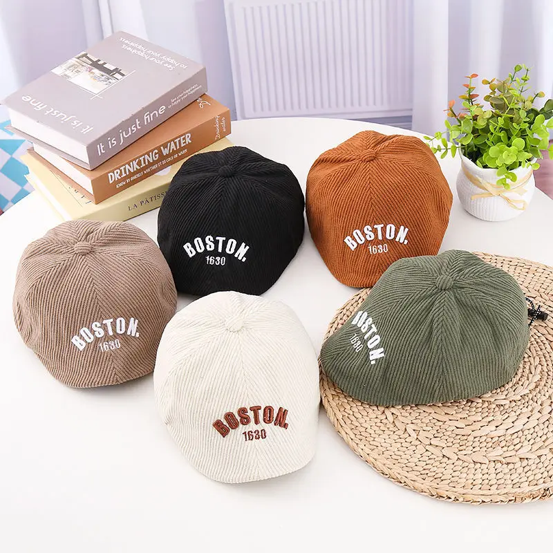 Fashion Letter Beret Drawstring Baby Duck Tongue Cap 2-6year Kids Sunshade Visors Autumn Winter Corduroy Children Forward Hat view 4