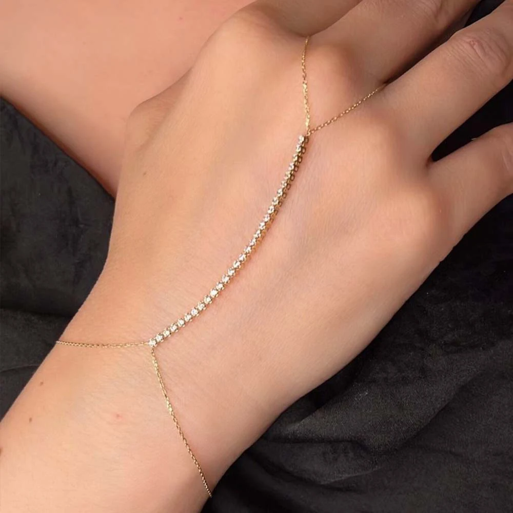 سلسلة يد ذهبية كريستالية من صف واحد للنساء إكسسوارات زفاف العروس سلاسل طويلة سوار الإصبع
