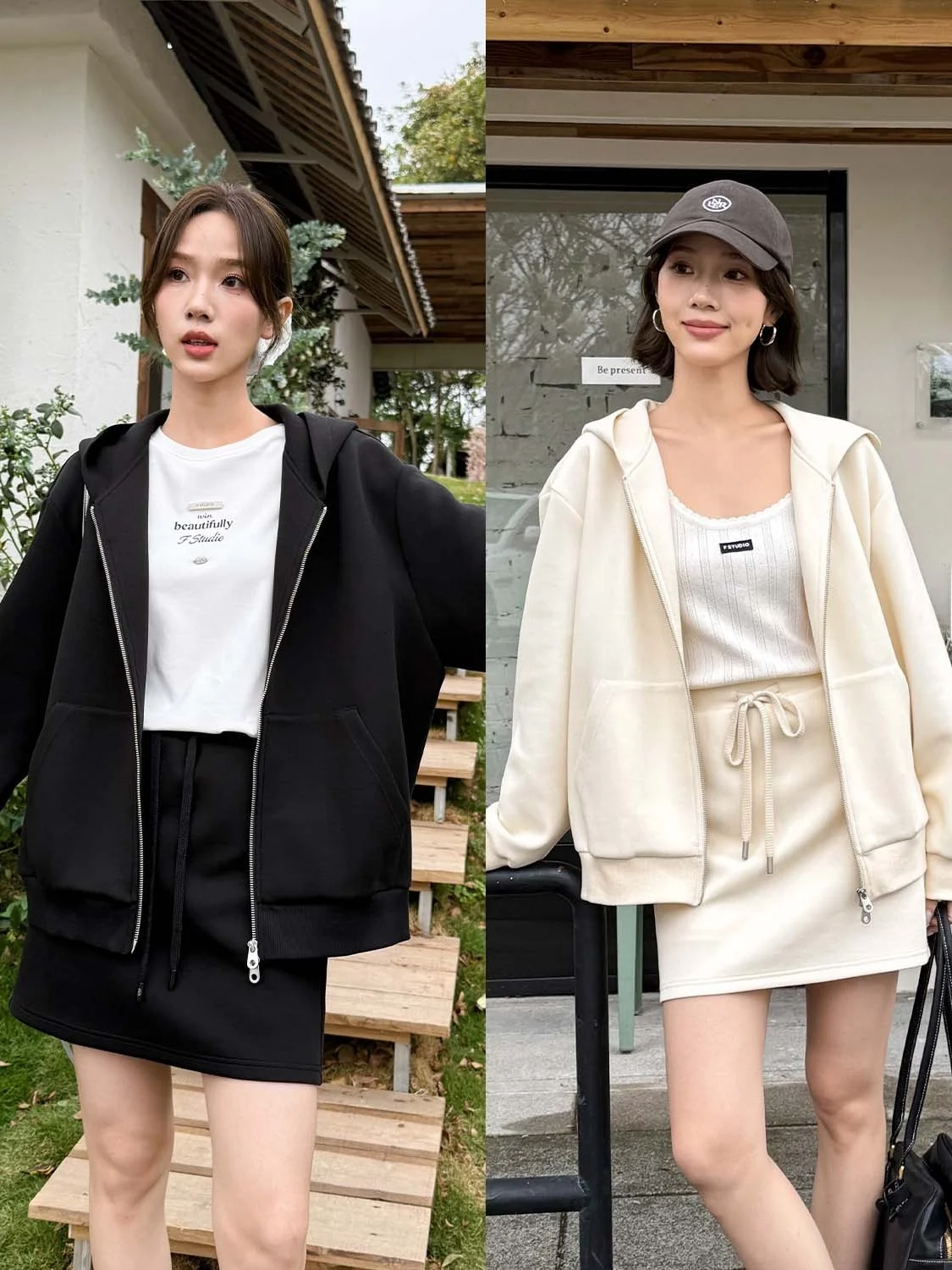 

Casual Hoodie Sweatshirt Women's Beige Versatile Early Spring Cotton Blend Air Lock Thermal Long Sleeve Zipper Closure Jacket