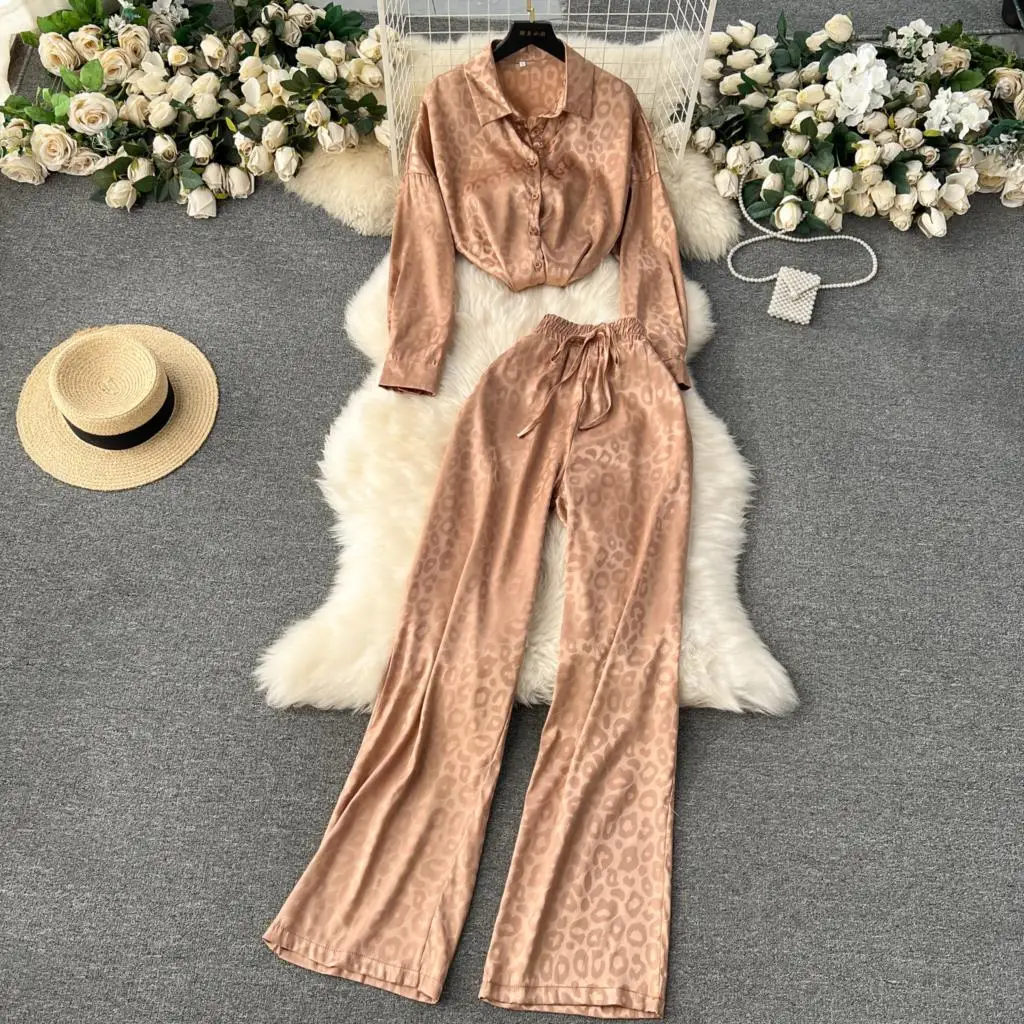 Elegant and Chic Women Fashion Two Pieces Set Vintage Casual Solid Shirts Tops Wide-Leg Pants Outfits Female Party Pantsuits New