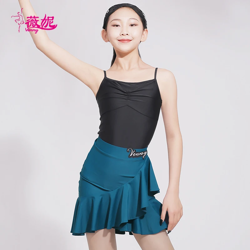 Venny vestido de dança latina para meninas, conjunto de duas peças com alça espaguete e saia com babados para treinamento e performance de dança