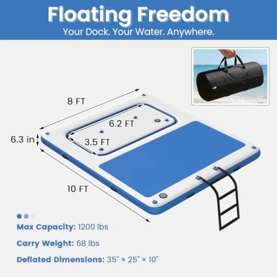Inflatable Floating Dock Series for lake use, EVA non-slip deck material, gray color, ultra-stable mesh swim net design