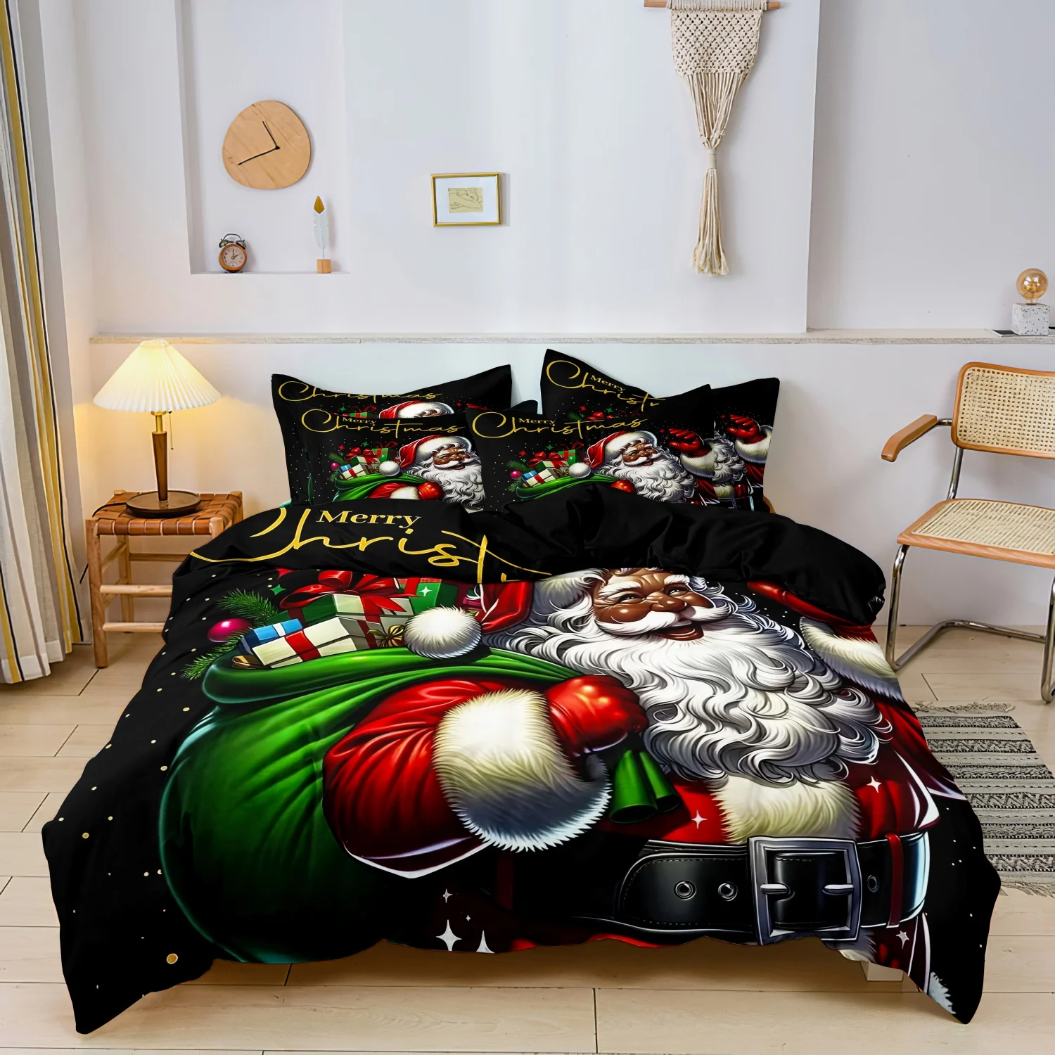 3Pcs Modern Black Santa Christmas Duvet Cover Set, Santa Oversized Gift Sack Colorful Presents Golden Merry Christmas Bedding