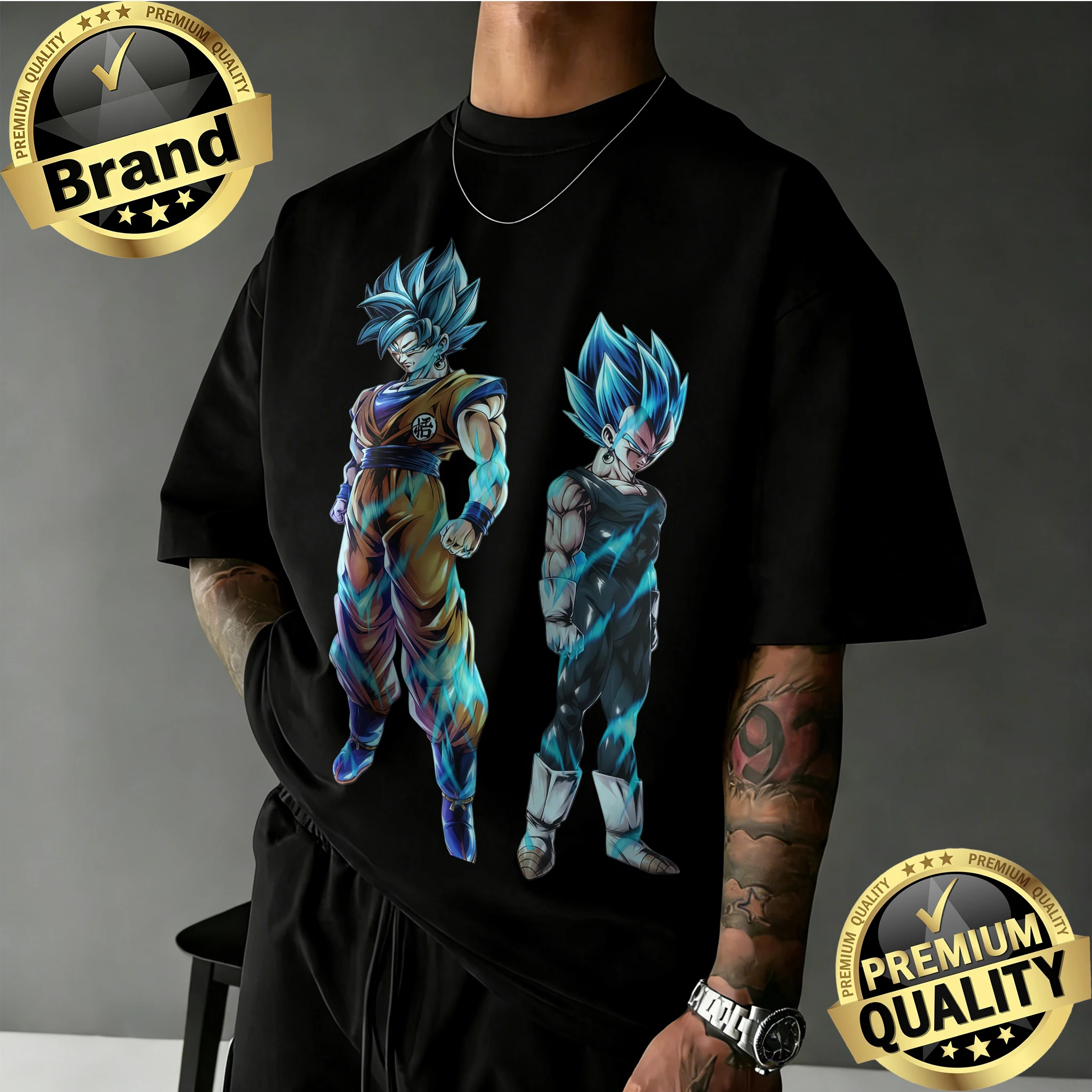 2026 Sommer Dragon Ball 100% Baumwolle Oversized T-Shirt für Herren Damen Kinder |   Goku & Vegeta Super Saiyan Blue Retro-T-Shirt mit Doppeldruck