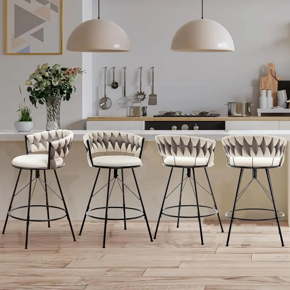 

24 Inch Set of 4 Counter Height Bar Stools with Woven Back and Velvet Upholstery for Kitchen Island - Ivory