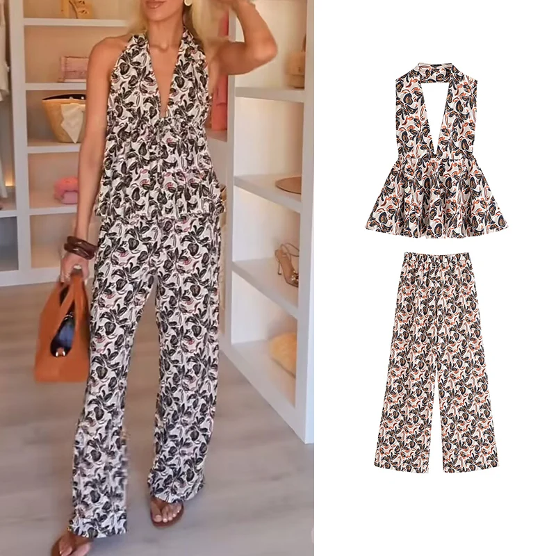 

Pants Sets Summer Women's 2025 New 2-piece Set Chic Retro Printed Elastic Waist Pants Women's Sets Fashion Street Holiday Suit