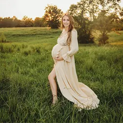 Don&Judy Front Split Cotton Photo Shoot Gown Full Sleeves Robe Maternity Dress Evening Party Costume for Women Photography Props
