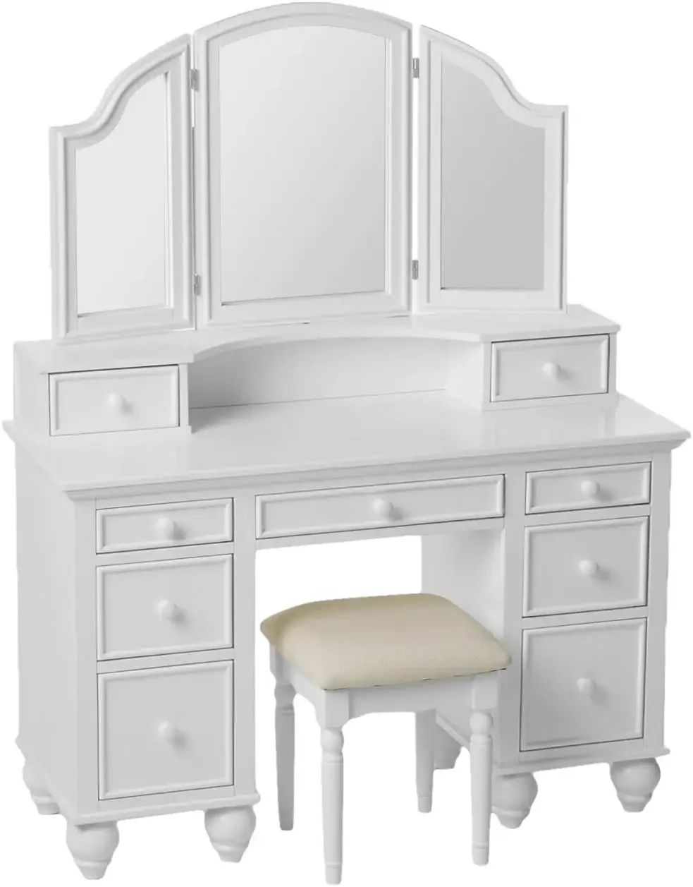 Vanity Dresser Set with Stool White 47.25 x 18 x 60.38 Inches Mirror Solid Wood and Veneer Stylish Bedroom Decor