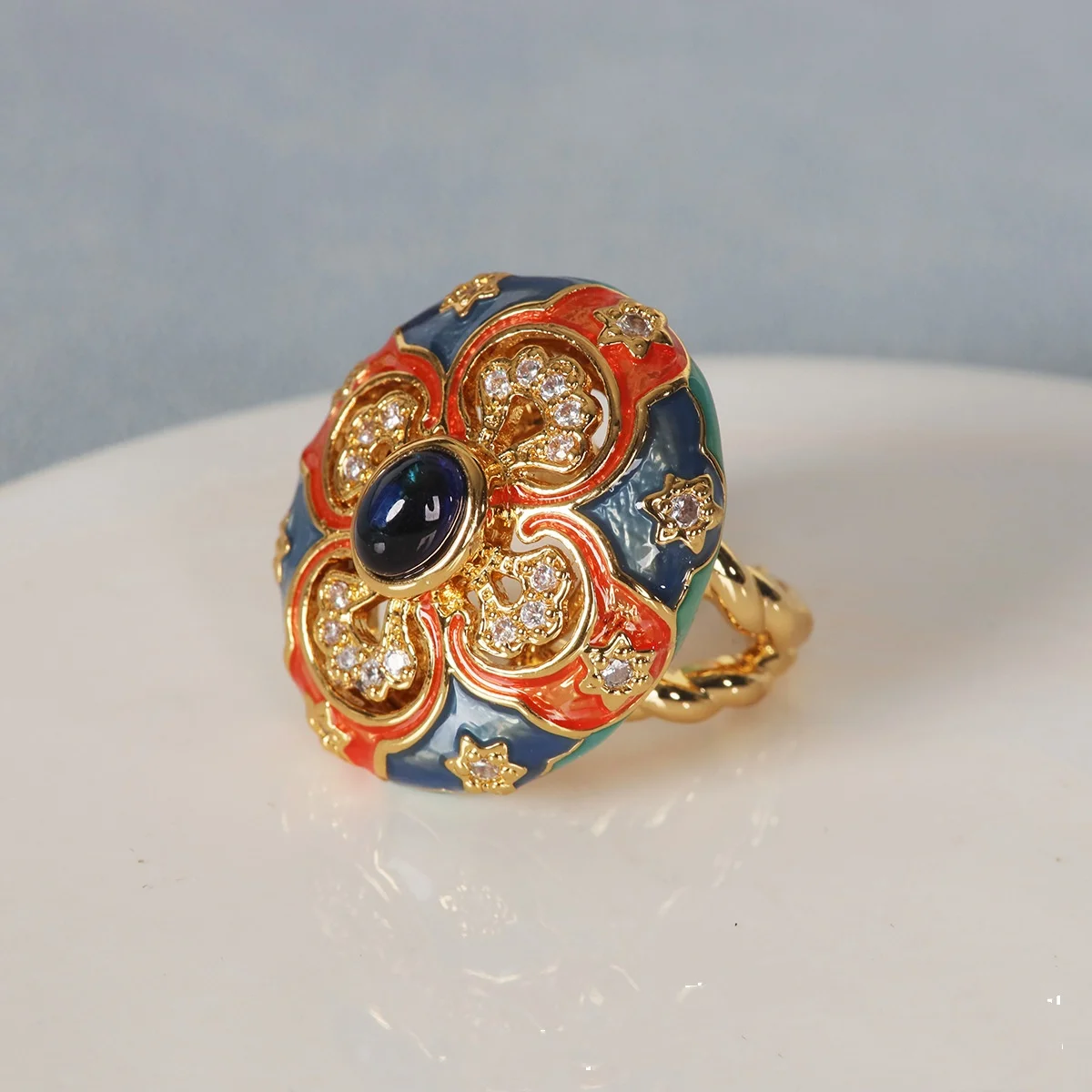 

Imperial style enamel oval flower ring medieval vintage jewelry