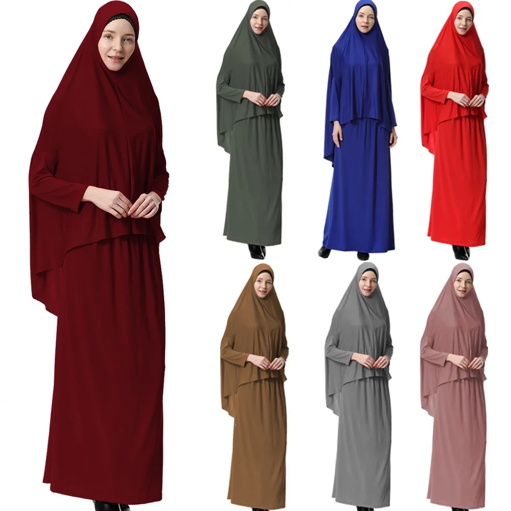 Islam Donne Abito da Preghiera Set Abaya Abito Sciarpa Lunga Gonna Hijab Arabo Overhead Niqab Burqa Eid Abbigliamento Musulmano Ramadan Khimar Robe