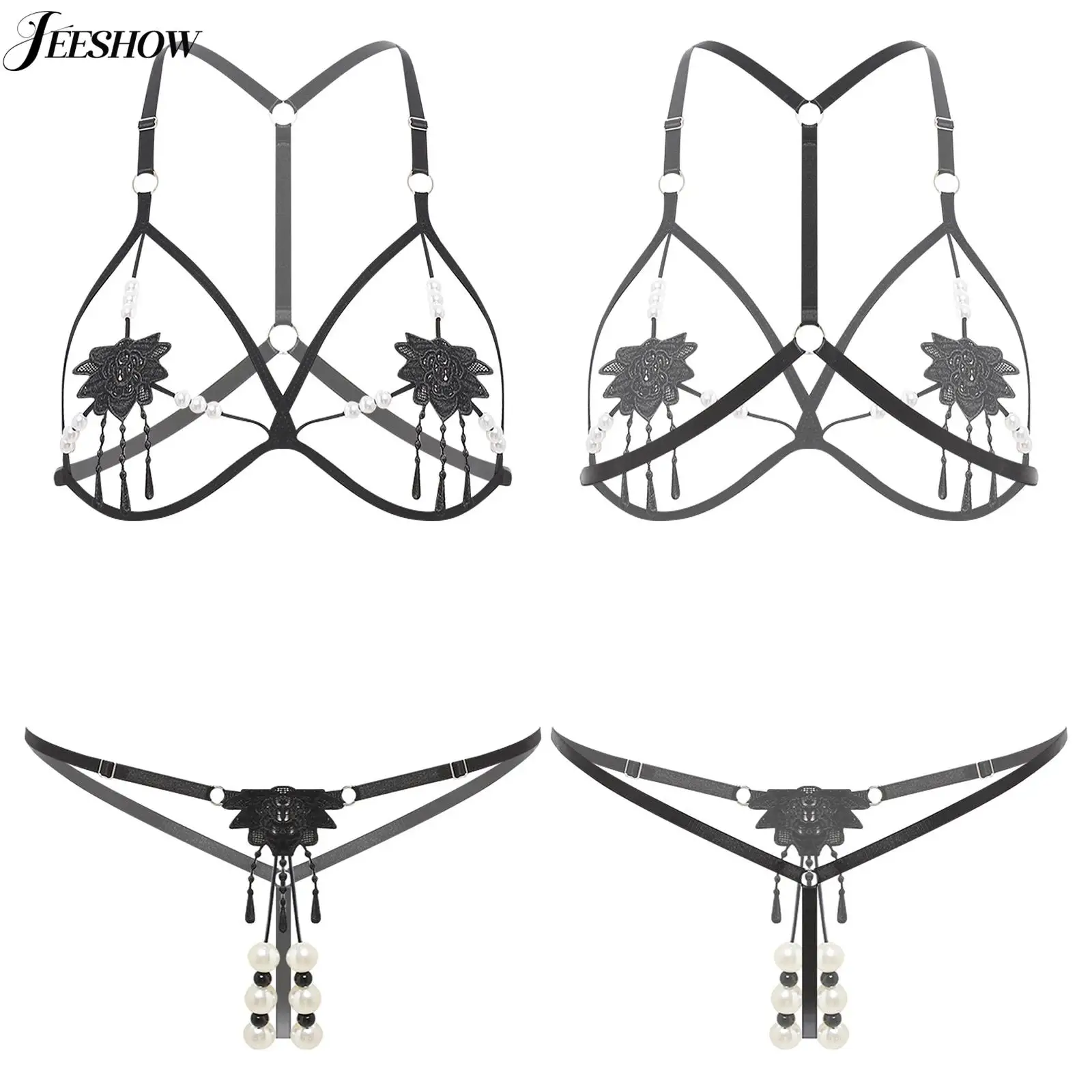 

Womens Sexy Extreme Micro Lingerie Set Floral Patch Faux Pearls Harness Lingerie Suit Hollow Out Cupless Bra with T-back Thongs