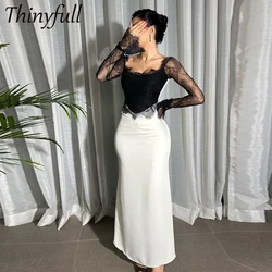 Thinyfull Arabia Mermaid Prom Dresses Full Sleeves Lace/Satin Evening Party Gown Ankle Length Dubai Special Occasion Dress