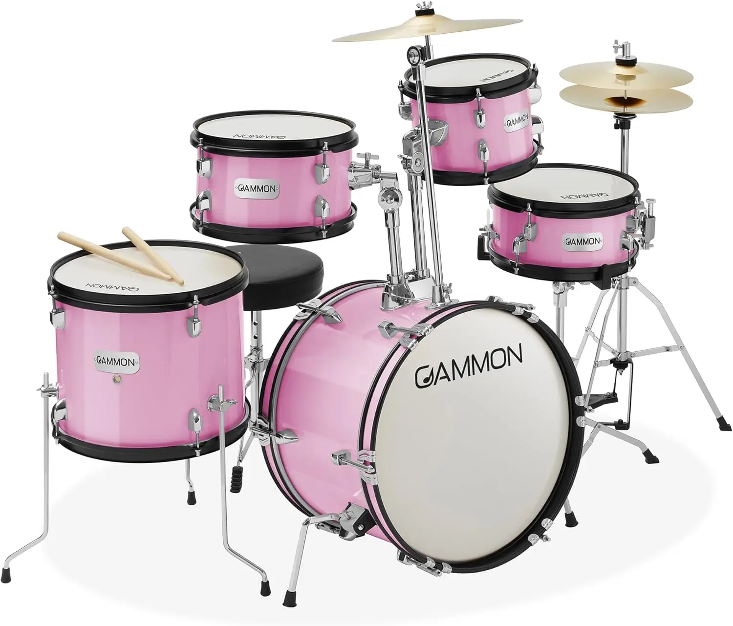 5-Piece Junior Starter Drum Kit with Cymbals, Hardware, Sticks, & Throne - Pink