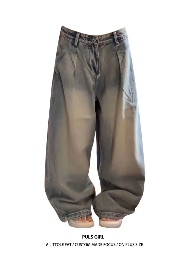 

Retro American Washed Folded Design Wide Leg Jeans Women's Loose Fit Casual High Waist Pants Vintage Style Trousers