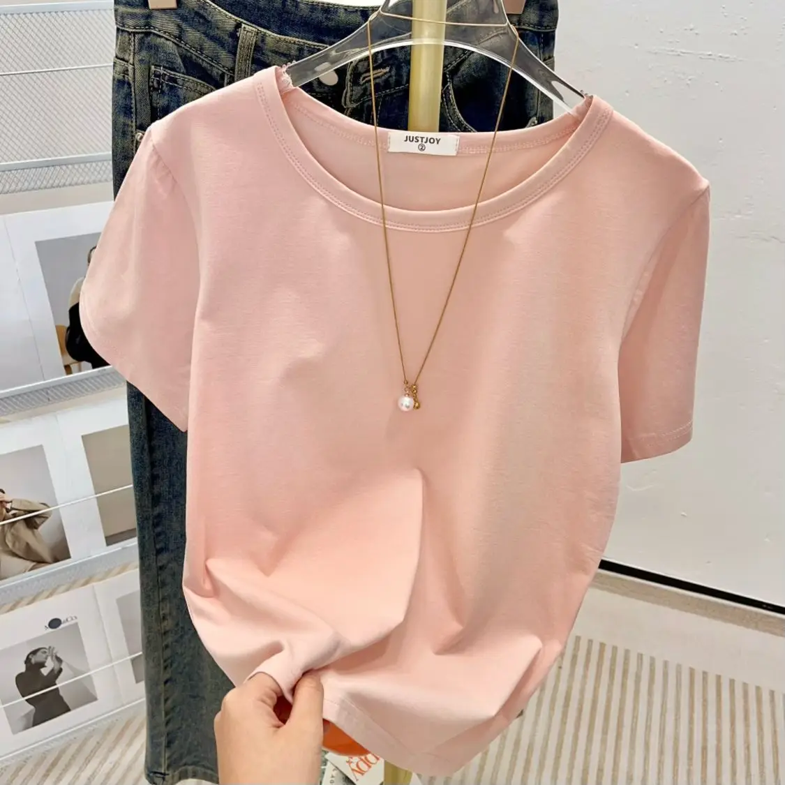 

Original Ice Porcelain Cotton ort Sve T-irt Women's Summer Lazy Casual f Sve Top Sweet Sle round Ne Pure Color