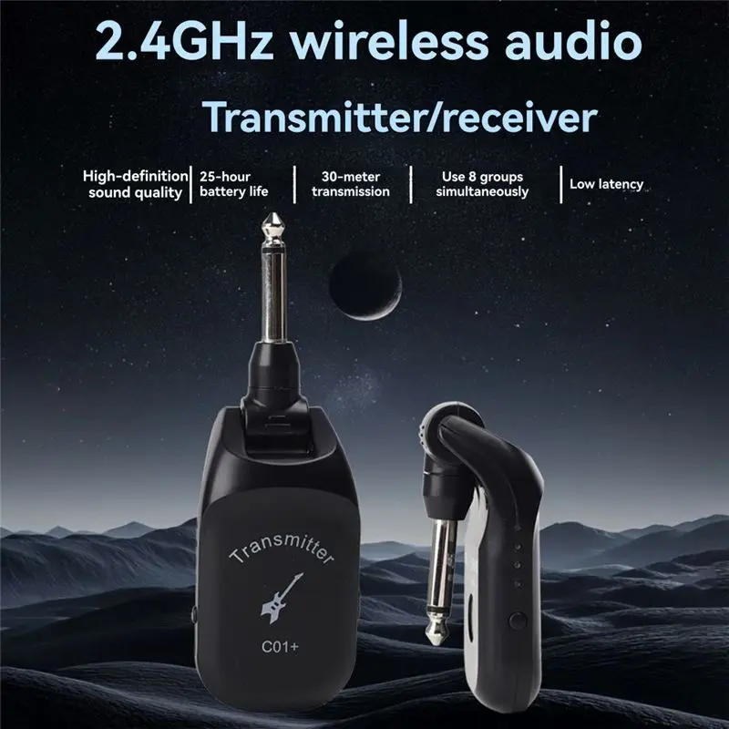 ABMF Guitar Wireless System C01+, Audio Transmitter Receiver Rechargeable Pickup for Electric Guitar for Bass, Plug and Play